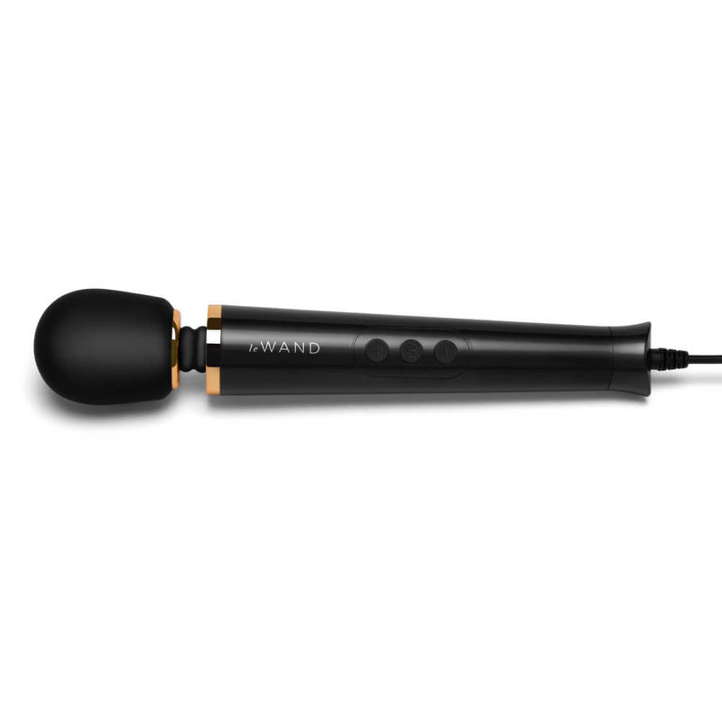 The Le Wand Petite Plug-In Massager in black up against a plain white background | Kinkly Shop