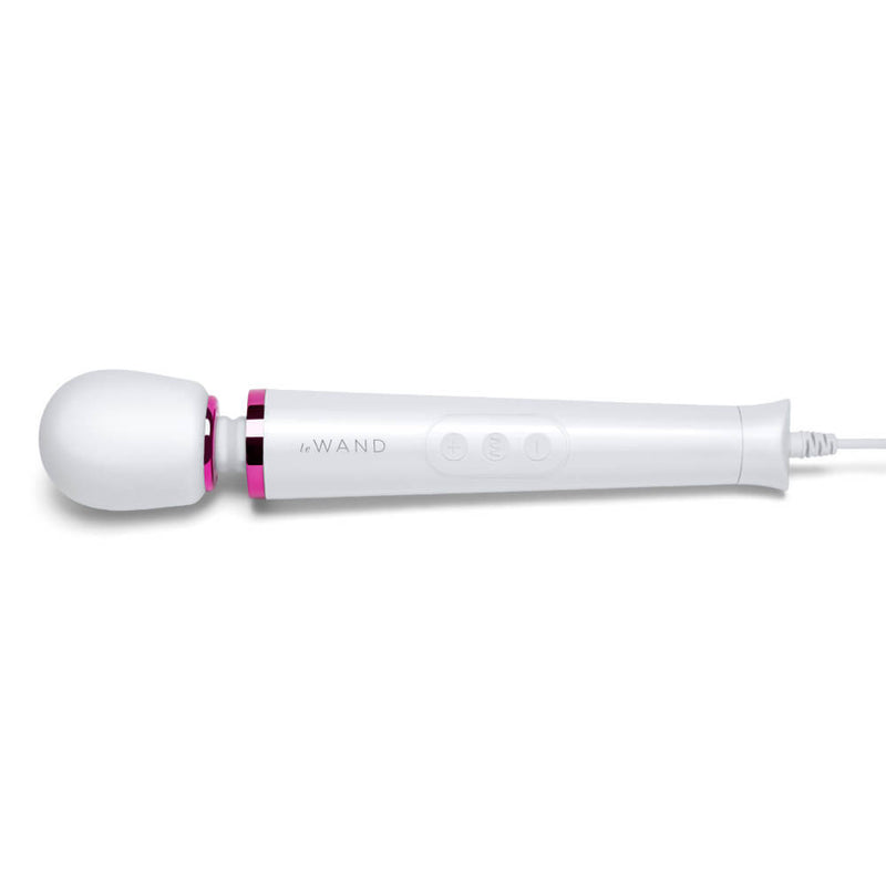 The Le Wand Petite Plug-In Massager in white against a plain white background. The handle has 3 buttons on it to easily control the vibrations of the wand. | Kinkly Shop