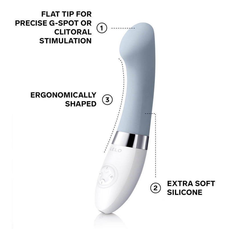 LELO GIGI 2 up against a plain white background with features listed around it. Text reads: "Flat tip for precise g-spot or clitoral stimulation. Ergonomically shaped. Extra-soft silicone." | Kinkly Shop