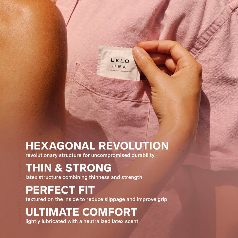 A person is standing in front of someone wearing a pink pocketed shirt. They are pulling a single LELO Hex wrapped condom out of the person's shirt pocket. Text on the image reads: "Hexagonal revolution. Revolutionary structure for uncompromised durability. Thin and strong. Latex structure combining thinness and strength. Perfect fit. Ultimate comfort." | Kinkly Shop