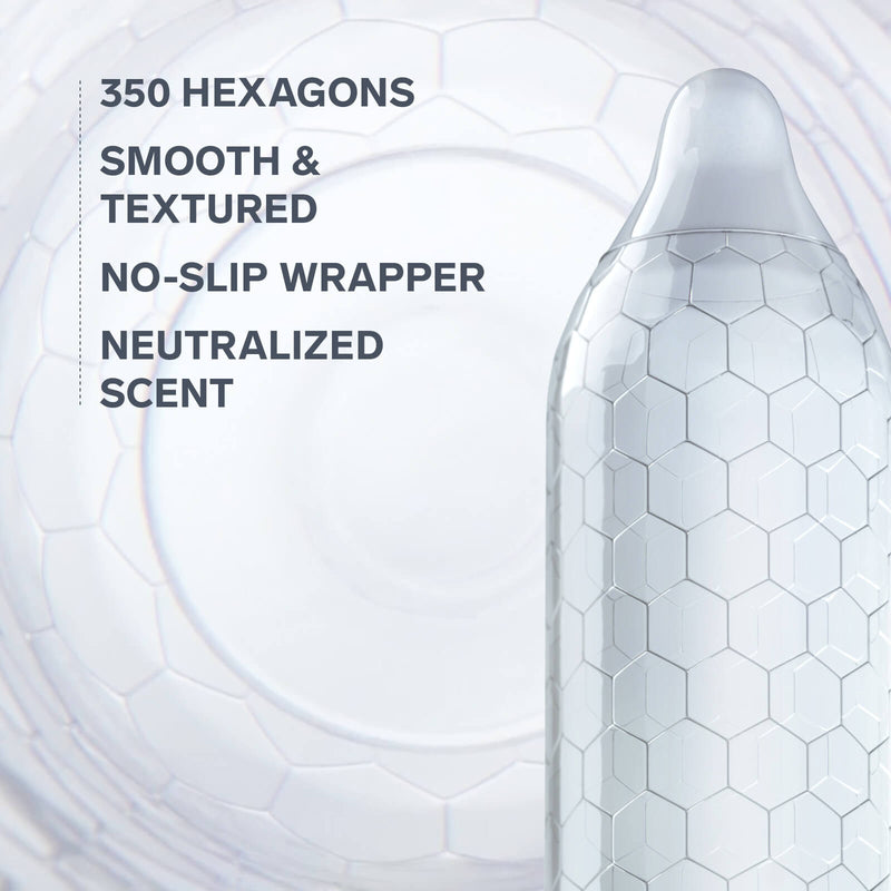 Close-up of the LELO Hex condom. The condom has small hexagonal shapes covering the entirety of the condom in addition to a resevoir tip. Text on the image reads: "350 hexagons. Smooth & textured. No-slip wrapper. Neutralized scent." | Kinkly Shop