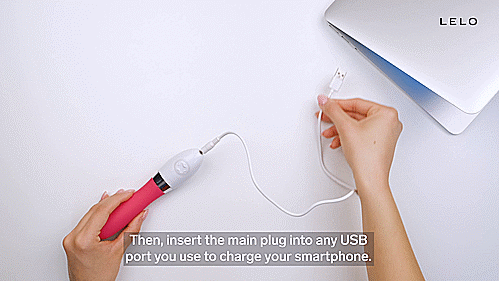 GIF showcases a person plugging the USB end of the charging cable for the LELO LIV 2 into a laptop. The other end of the cable is plugged into the hole at the base of the LELO LIV 2. Text on the GIF reads: "Then, insert the main plug into any USB port you use to charge your smartphone." | Kinkly Shop