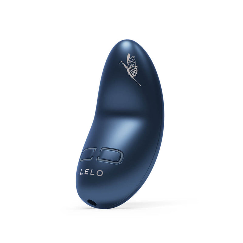 Front-side of the LELO NEA 3 in Alien Blue. There are two buttons on the base with a butterfly etched in ivory near the tip of the vibrator. | Kinkly Shop