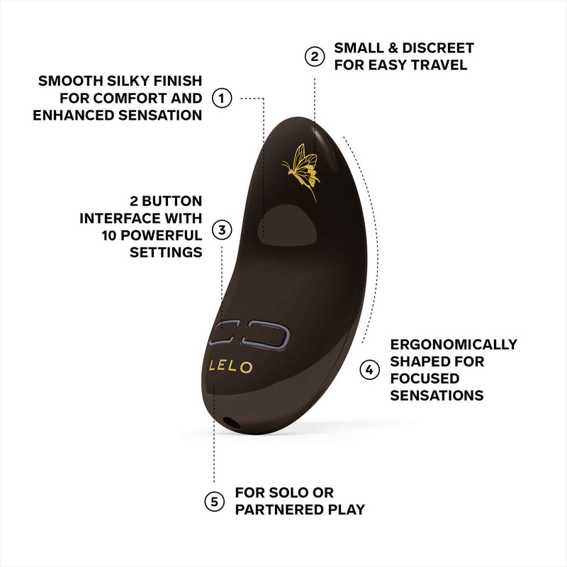 LELO NEA 3 in pitch black against a plain white background with features displayed around the vibrator. Text for the features includes: "Smooth silky finish for comfort and enhanced sensation. Small and discreet for easy travel. 2 button interface with 10 powerful settings. Ergonomically shaped for focused sensations. For solo or partnered play" | Kinkly Shop