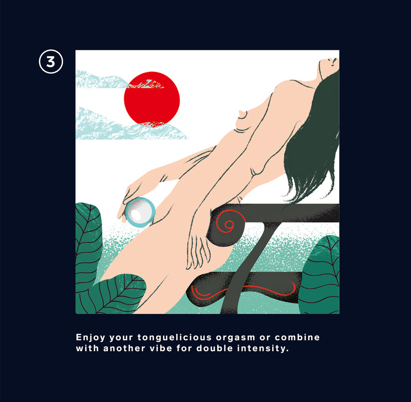 illustration shows a naked person using the LELO Ora 3. They are holding the toy up to their vulva, allowing it to work its magic. The text on the illustration reads "Enjoy your tonguelicious orgasm or combine with another vibe for double intensity." | Kinkly Shop