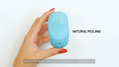 GIF showcasing the LELO Ora 3's tongue in action. The toy's tongue is swirling in circles as a hand holds it upright with the tongue pointing directly at the camera. Text on the GIF reads "Natural Feeling. 25% faster feeling of indulgent oral pleasure." | Kinkly Shop