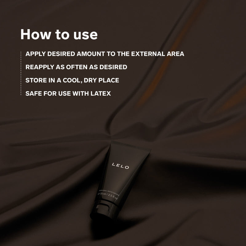 A bottle of the lube lays out on a black, latex-looking sheet. The sheet is crinkled. Text on the image reads: "How to use. Apply desired amount to the external area. Reapply as often as desired. Store in a cool, dry place. Safe for use with latex." | Kinkly Shop