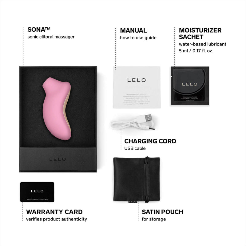 Everything that comes with the LELO SONA laid out in a top down image with text that explains each item that is included. Shown is the Sona itself, the charging cord, the manual, a moisturizer lube sample, a warranty card, and a drawstring satin pouch for storage. | Kinkly Shop