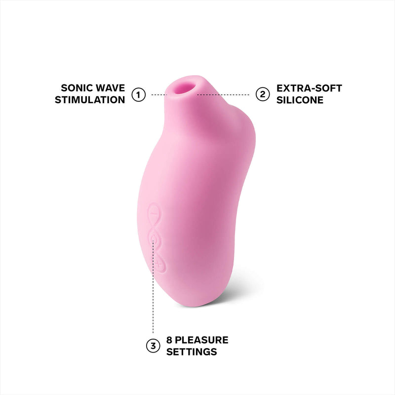 LELO SONA in front of a white background with feature text around the vibrator. Text includes: "Sonic wave stimulation. Extra-soft silicone. 8 Pleasure settings." | Kinkly Shop