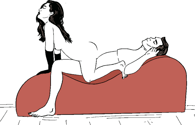 Illustration of a sex position with the Liberator Black Label Lyza Lounger Valkyrie. The penetrating partner is laying on their back on top of the shape. The receiving partner is straddling their hips, facing away, with both their hands and knees on top of the shape for penetration. | Kinkly Shop