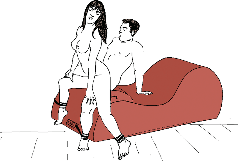 Illustrated sex position. The penetrating partner is sitting on top of the lower end of the Liberator Black Label Lyza Lounger Valkyrie with their ankles fastened to the sex furniture at the floor beneath them. The receiving partner is straddling the penetrating partner's hips with their ankles fastened to the sex furniture as well. The penetrating partner can lean back onto the soft, supportive surface of the Lyza to give the receiver as much room as they need. | Kinkly Shop