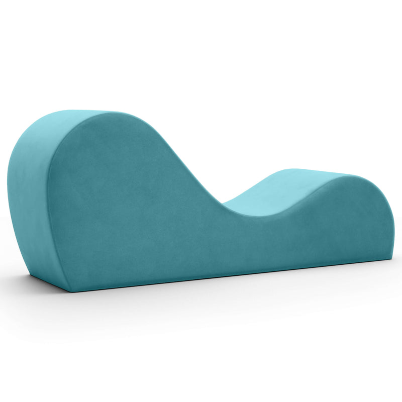 The Liberator Cello Chaise in Teal with the tallest swell closest to the camera. It looks like the tallest swell is about twice as tall as the shorter swell. | Kinkly Shop