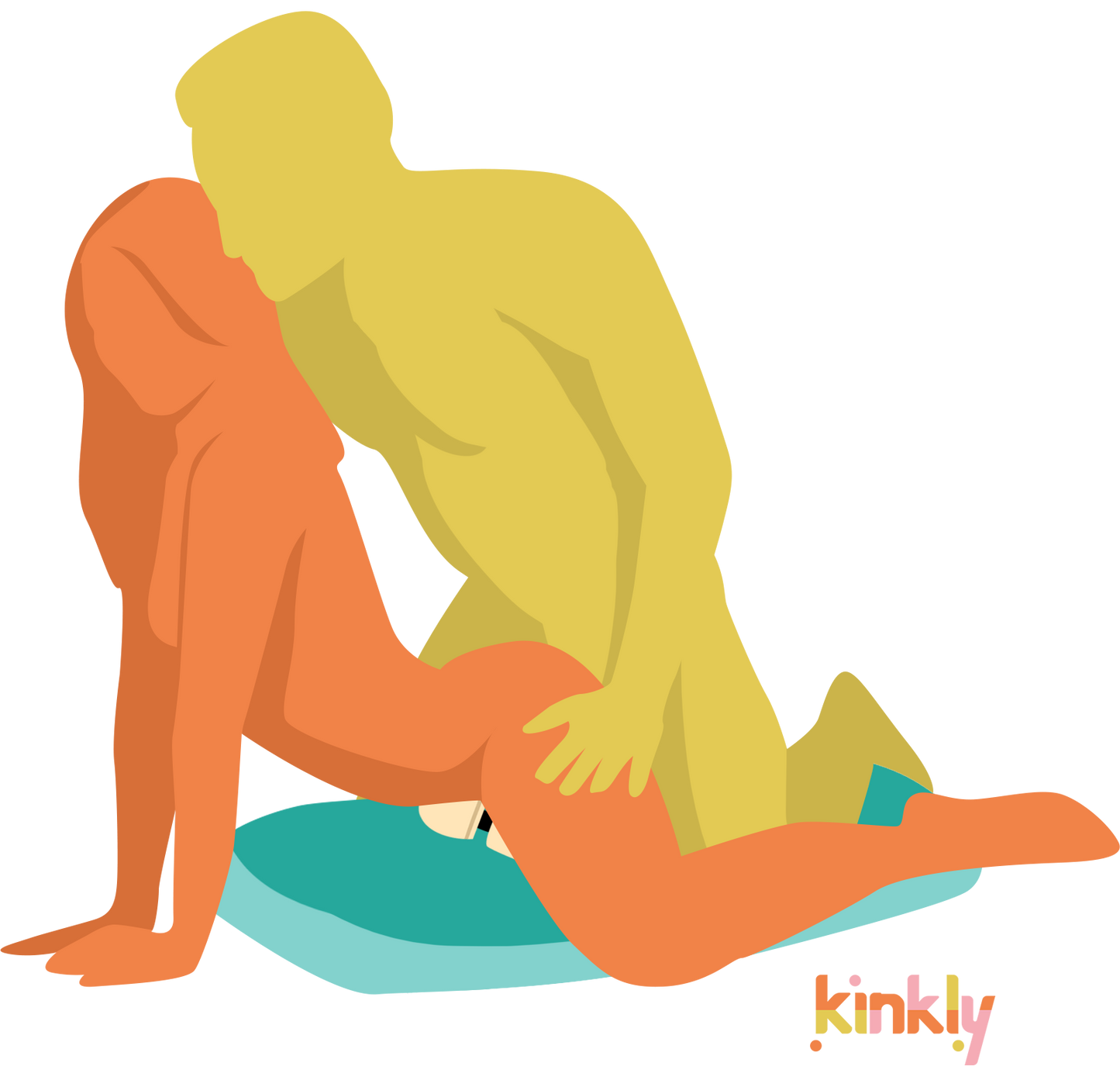 Illustration showing the Liberator Humphrey being used for coupled intercourse. A wand massager is tucked into the Humphrey. The receiving partner is resting on top of the wand massager, leaning forward on their hands and knees. The penetrating partner is kneeling behind them, pressing into them as the receiving partner presses themselves against the Humphrey. The Liberator Humphrey holds the wand massager hands-free. | Kinkly Shop