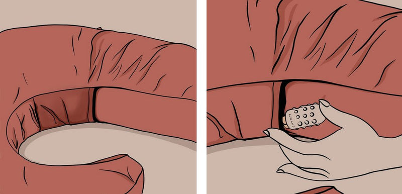 Two illustrated images. On the left is the Liberator Lune Snuggle Sex Toy Mount's vibrator pocket. On the right shows a person sliding a small vibrator into the vibrator pocket of the Liberator Lune Snuggle Sex Toy Mount. | Kinkly Shop