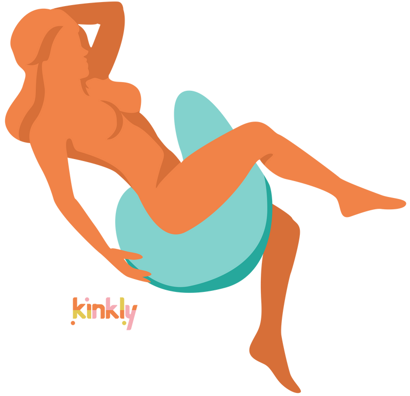 Illustration of someone using the Liberator Lune. They are laying on their side. The Liberator Lune Snuggle Sex Toy Mount is tucked between their thighs, wrapping around the person's lower back and up the front of their torso. | Kinkly Shop