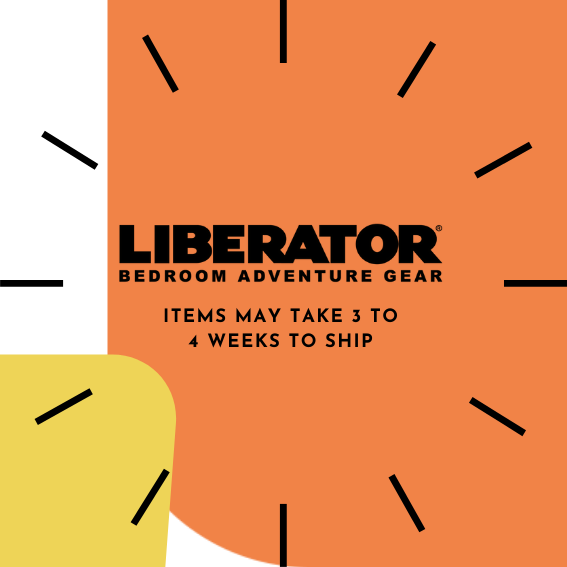 Shipping disclosure image for the Cello Chaise. Image reads: "Liberator Bedroom Adventure Gear items may take 3 to 4 weeks to ship" | Kinkly Shop