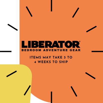 Shipping disclosure image for the Aria Chaise. Image reads: "Liberator Bedroom Adventure Gear items may take 3 to 4 weeks to ship" | Kinkly Shop