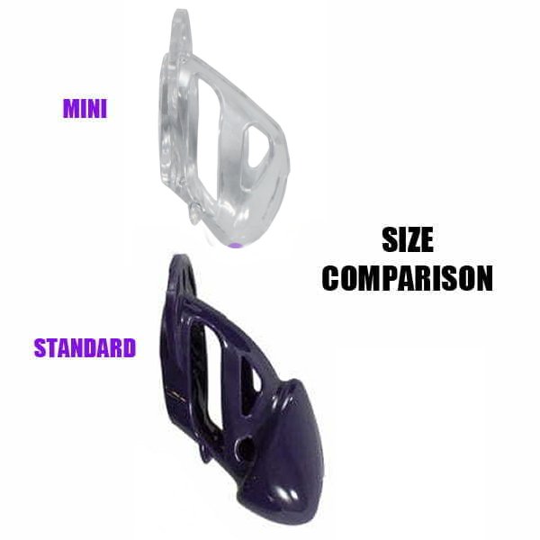 Size comparison between the Mini Locked in Lust Vice chastity cage and the Standard chastity cage The Vice | Kinkly Shop