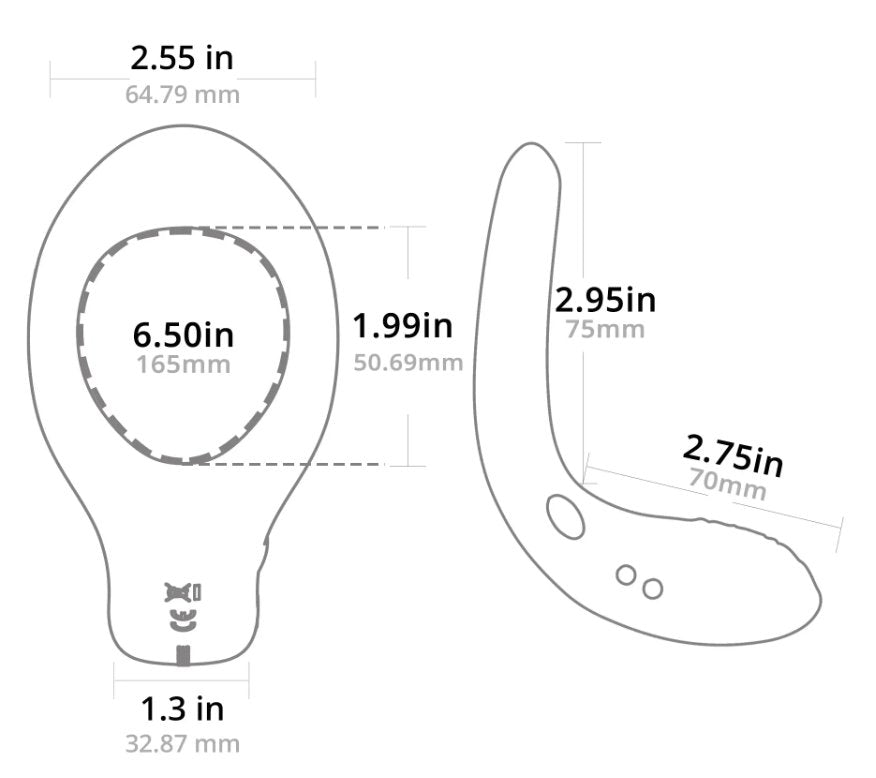 Illustration of the Lovense Diamo Vibrating Cock Ring with measurements of the ring superimposed overtop of the ring | Kinkly Shop