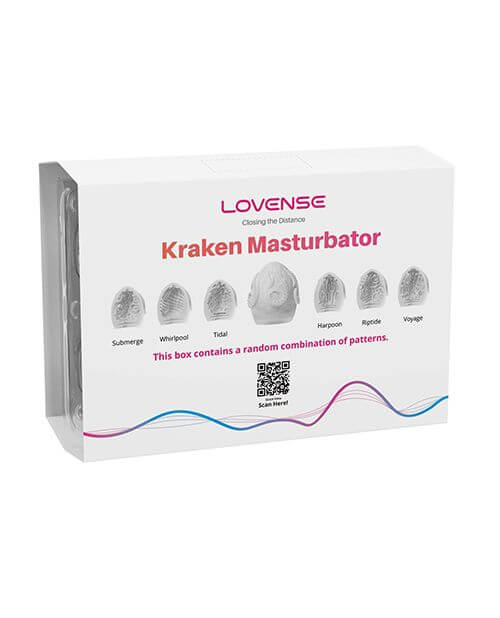 The packaging of the Lovense Kraken Eggs - 6-Pack. It looks like it comes in a plastic, egg-shaped container with a thin cardboard sleeve wrapped around the plastic casing. | Kinkly Shop