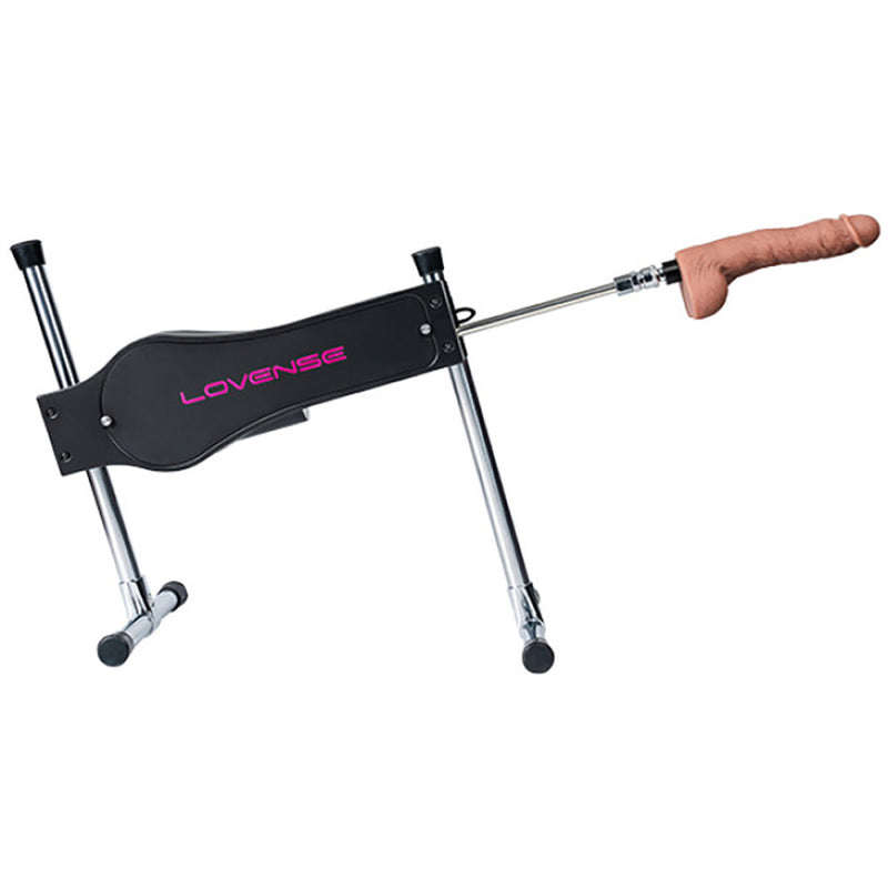 Image shows the Lovense Sex Machine lowered slightly on one of the rods while remaining at the top of the other rod. This puts the dildo at an upwards angle for penetration. | Kinkly Shop