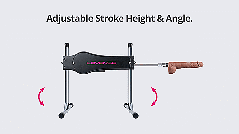 GIF shows the Lovense Sex Machine being lowered on just one of the two supporting rods. This makes the dildo point at an upwards angle. The text on the GIF reads "Adjustable Stroker Height and Angle" | Kinkly Shop