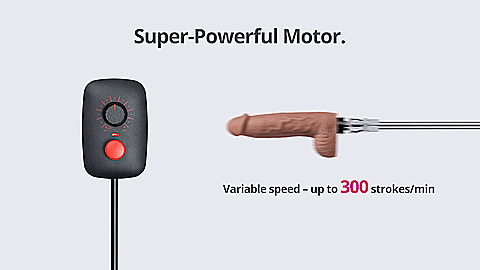 The manual remote is shown on one side of the GIF while the dildo thrusting is shown on the other side. As the invisible hand turns up the dial on the remote, the dildo thrusts much faster. The text on the GIF reads "Super powerful motor. Variable speed up to 300 strokes a minute" | Kinkly Shop