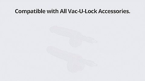 GIF shows the two dildos and two Vac-U-Lock adapters included with the Lovense Sex Machine. The two Vac-U-Lock adapters are simultaneously pulled out from the interior of each of the included dildos. The text on the GIF reads "Compatible with all Vac-U-Lock accessories" | Kinkly Shop