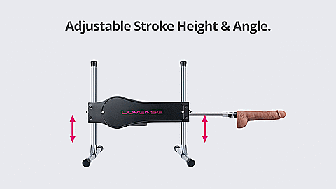 GIF shows the machine being moved up and down along the two supporting rods to adjust how high the dildo sits from the floor. The text on the GIF reads "Adjustable Stroke Height and Angle" | Kinkly Shop