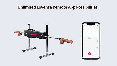 GIF shows the Lovense Sex Machine thrusting while a cell phone is shown in the corner. The cell phone button is dragged upwards, and the thrusting sex machine increases in pace at its command. The text on the GIF reads "Unlimited Lovense Remote App Possibilities" | Kinkly Shop