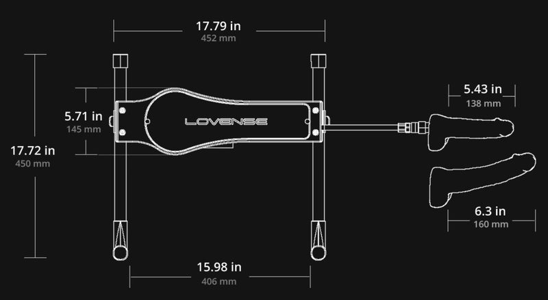 Illustrated diagram of the Lovense Sex Machine with all of the machine's measurements superimposed over the different parts. The measurements can be found within the text of the product description. | Kinkly Shop