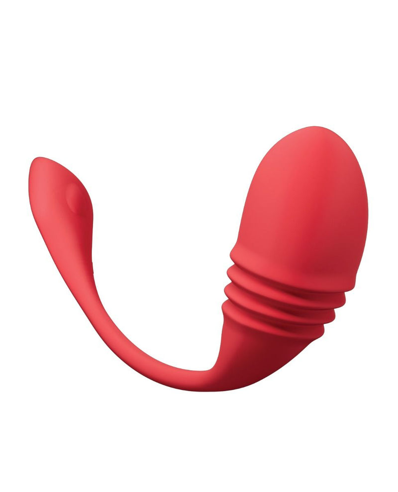 Close-up of the tip of the Lovense Vulse, showcasing the ribbing of the vibe. There's a button at the base of the "tail" that allows for manual control of the vibrations when the app isn't desired. | Kinkly Shop