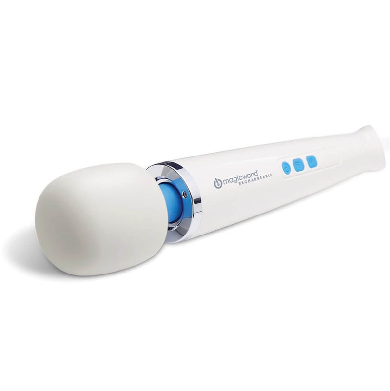 Close up of the Magic Wand Rechargeable's head. The head looks super soft and plushy compared to the hard, rigid plastic of the handle of the vibrator. The head is a full silicone material. | Kinkly Shop