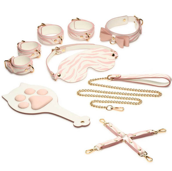 Everything included within the Master Series Pink Kitty Bondage Set laid out up against a plain white background. All of the items included within the kit are included via text within the product description. | Kinkly Shop