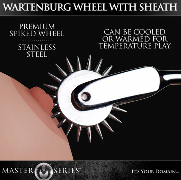 The Master Series Odax Sensation Wheel is being run on the nipple of the sex doll. Text on the image reads: "