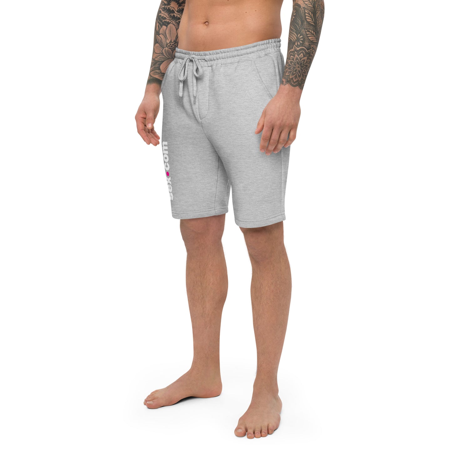 A person wears the Sex.com Men's Fleece Shorts in Grey | Kinkly Shop