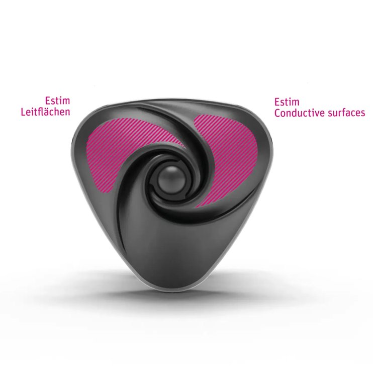 Close-up of the "usable" electrosex side of the Mystim Heart's Desire. Two striped pink surfaces are shown within the swirled surface of the Mystim Heart's Desire, showcasing where the electrosex conductive surfaces are. | Kinkly Shop