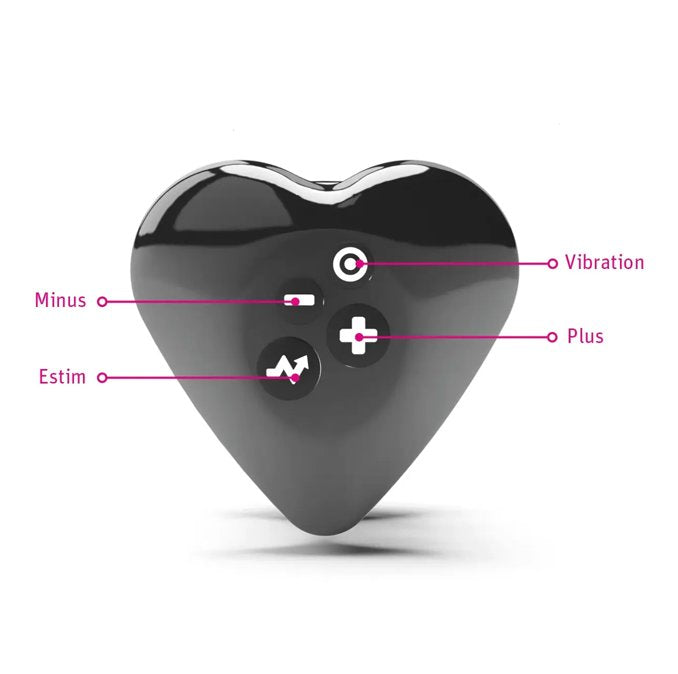 The Mystim Heart's Desire with directions for the four buttons on the toy superimposed via text on top of the image. Text shows where the Minus, Estim, Plus, and Vibration buttons are on the non-usable, "handle" side of the Mystim Heart's Desire | Kinkly Shop