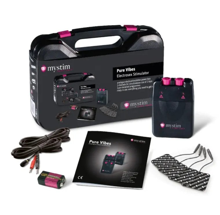 Everything included in the MyStim Pure Vibes kit, including two cables, a V8 battery, the instruction manual, 4 electrode pads, and the Pure Vibes controller. | Kinkly Shop