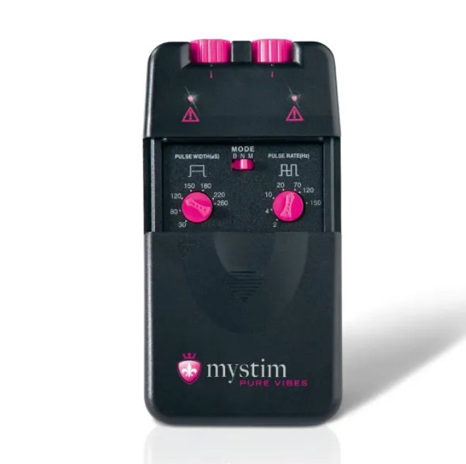 Close-up of the MyStim Pure Vibes controller. There are two dials that control Pulse Width and Pulse Rate. | Kinkly Shop