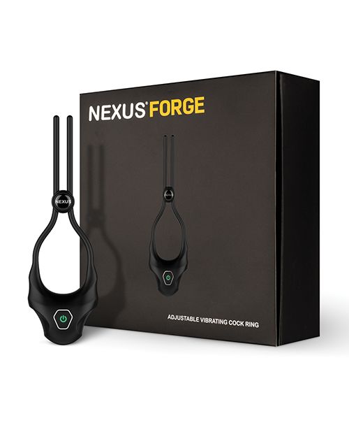 The Nexus Forge Lasso Vibrating Ring next to the packaging for the cock ring. | Kinkly Shop