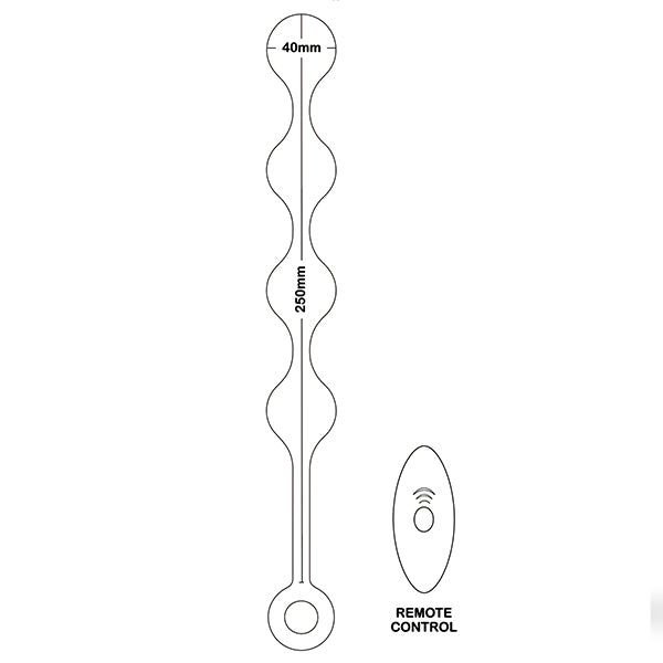 Outline of the Nexus Quattro Vibrating Anal Beads with the measurements superimposed over the beads. The measurements can be found within the text in the product description. The remote control is about 1/4th the total length of the anal beads strand. | Kinkly Shop