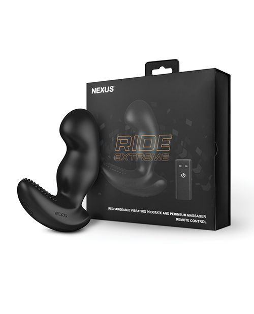 The Nexus Ride Extreme massager resting up against the packaging for the toy | Kinkly Shop