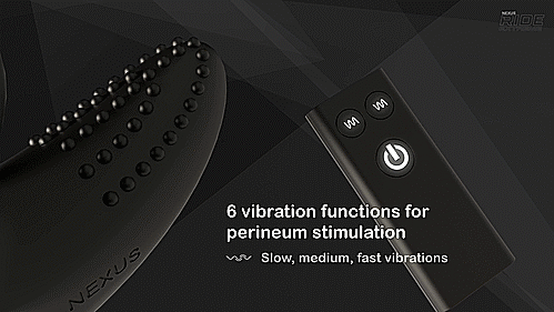 GIF shows a moving close-up of the textured nodules on the perineum base of the massager. Text on the GIF reads "6 vibration functions for perineum stimulation. Slow, medium, fast vibrations." | Kinkly Shop