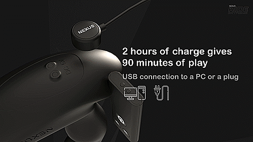 GIF showcases the base of the Nexus Ride Extreme and the remote control placed next to one another. The included magnetic charging cable charges the massager and then charges the remote, showcasing the same cord charges both parts. Text on the GIF reads "2 hours of charge gives 90 minutes of play. USB connection to a PC or plug" | Kinkly Shop