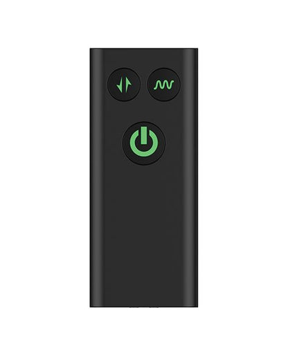 Close-up of the remote for the Nexus Thrust - Prostate Edition. It has three buttons on its rectangular surface. There's one large power button, one thrusting button, and one vibration button. | Kinkly Shop