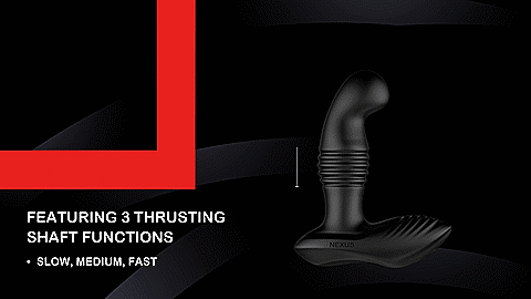 GIF showcases the thrusting up-and-down motion of the tip of the Nexus Thrust - Prostate Edition. Text on the GIF reads "Featuring 3 thrusting shaft functions. Slow, Medium, Fast" | Kinkly Shop