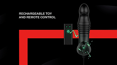 GIF shows lightning bolts circling the Nexus Thrust - Prostate Edition and the remote next to it. Text on the GIF reads "Rechargeable toy and remote control" | Kinkly Shop