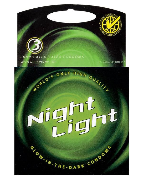 The packaging for the 3 pack of the Night Light Glow-in-the-Dark Condoms | Kinkly Shop