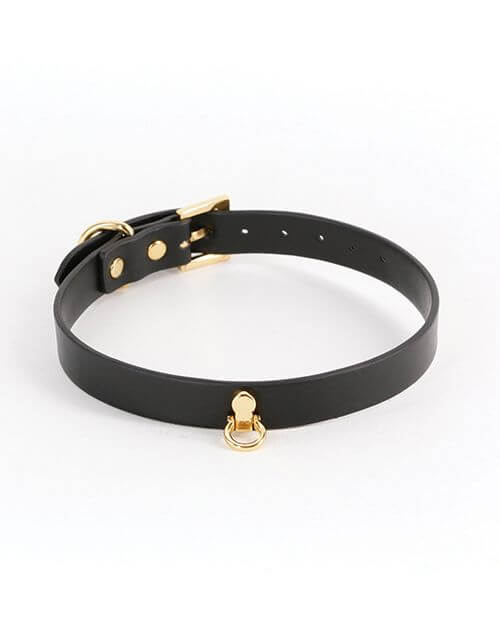 The NS Novelties Cara Collar in front of a plain white background. It's a thin, circular black color that goes all around the neck with a small gold O-ring on the front of the collar. It looks like a discreet fashion collar. | Kinkly Shop